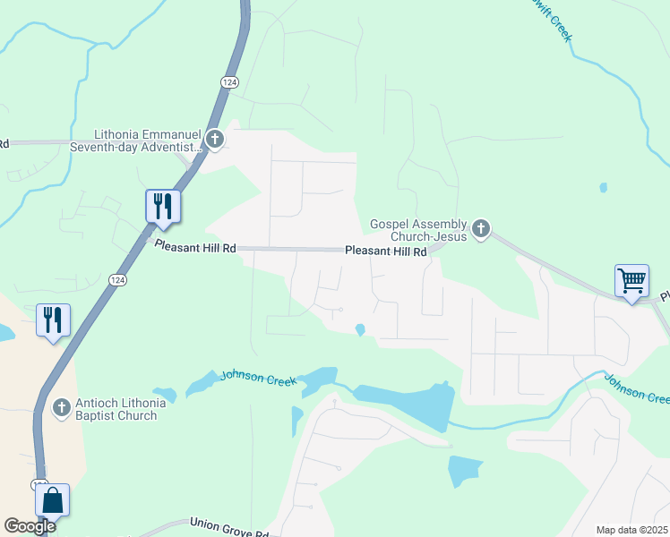 map of restaurants, bars, coffee shops, grocery stores, and more near 7492 Ferrara Drive in Lithonia