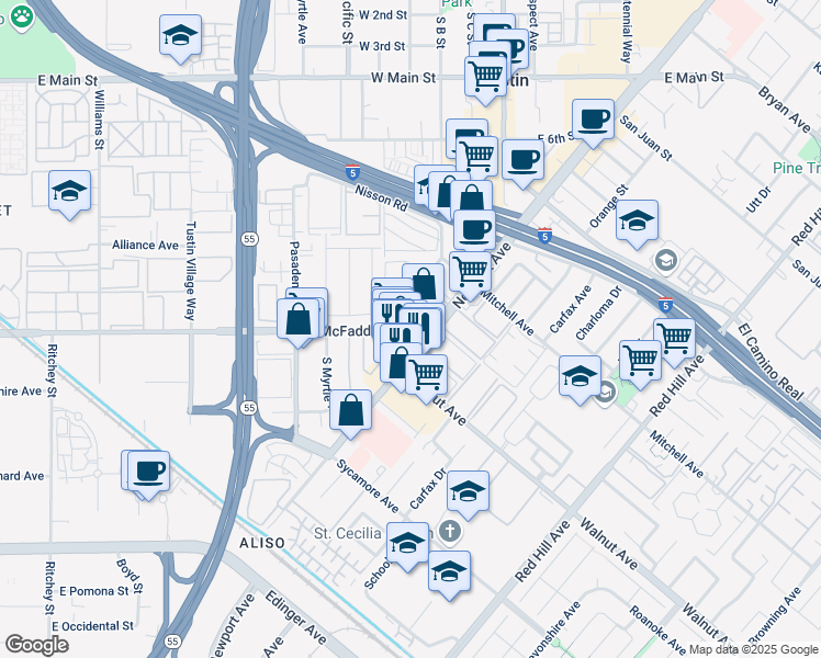 map of restaurants, bars, coffee shops, grocery stores, and more near 17292 East McFadden Avenue in Tustin