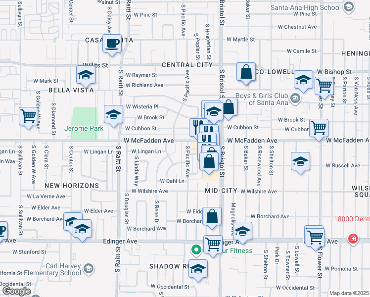map of restaurants, bars, coffee shops, grocery stores, and more near 1123 South Pacific Avenue in Santa Ana