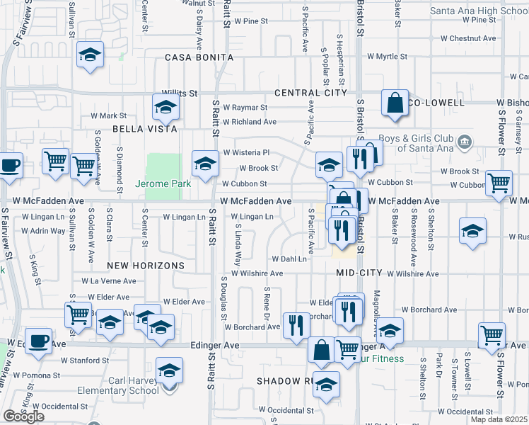 map of restaurants, bars, coffee shops, grocery stores, and more near 1622 West Lingan Lane in Santa Ana