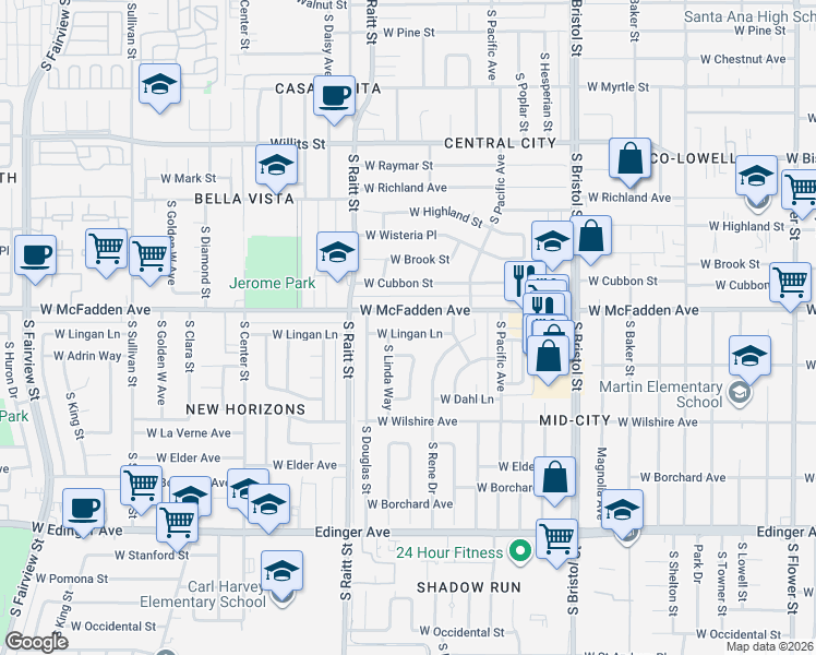 map of restaurants, bars, coffee shops, grocery stores, and more near 1622 West Lingan Lane in Santa Ana