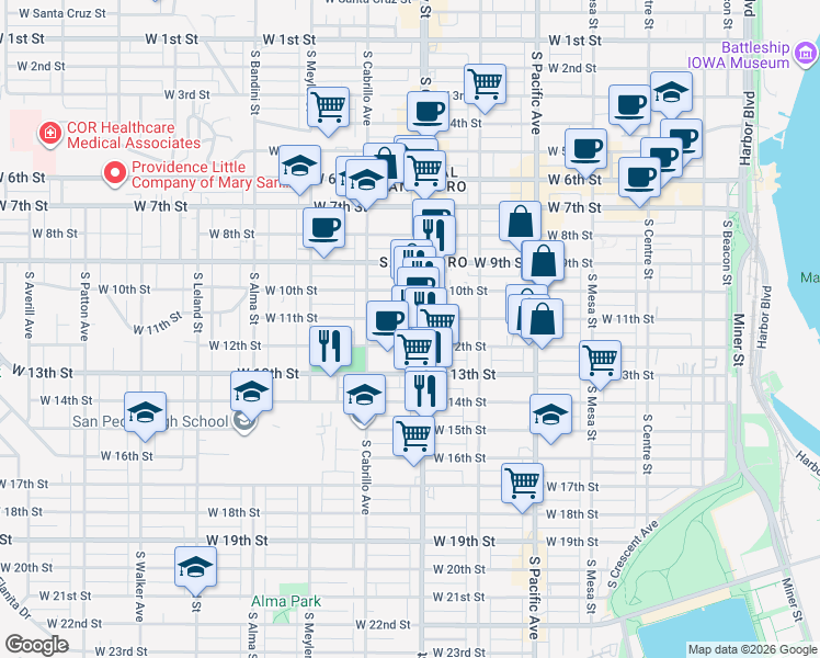 map of restaurants, bars, coffee shops, grocery stores, and more near 723 West 11th Street in San Pedro