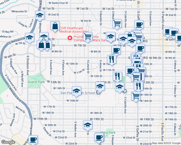 map of restaurants, bars, coffee shops, grocery stores, and more near 1068 West 12th Street in Los Angeles
