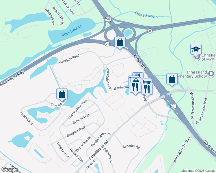 map of restaurants, bars, coffee shops, grocery stores, and more near 5250 Casentino Court in Myrtle Beach