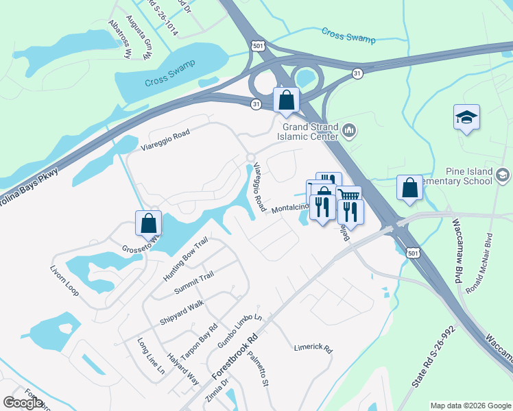 map of restaurants, bars, coffee shops, grocery stores, and more near 5250 Casentino Court in Myrtle Beach