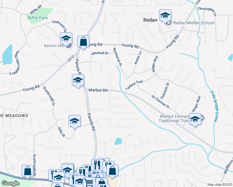 map of restaurants, bars, coffee shops, grocery stores, and more near 5521 Marbut Road in Lithonia