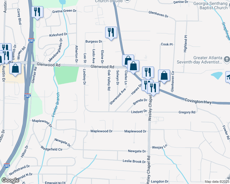 map of restaurants, bars, coffee shops, grocery stores, and more near 1931 Selwyn Drive in Decatur