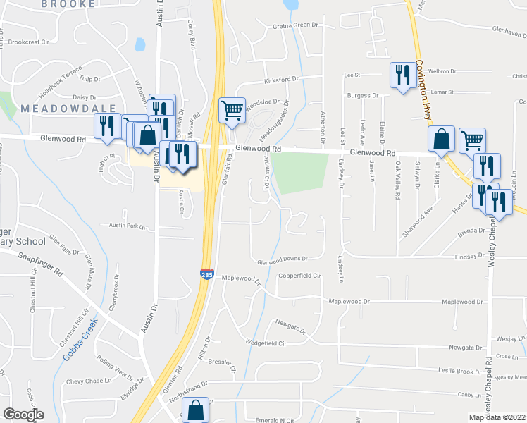 map of restaurants, bars, coffee shops, grocery stores, and more near 3972 Glenwood Downs Lane in Decatur