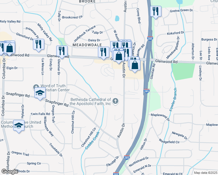 map of restaurants, bars, coffee shops, grocery stores, and more near 2025 Austin Park Circle in Decatur