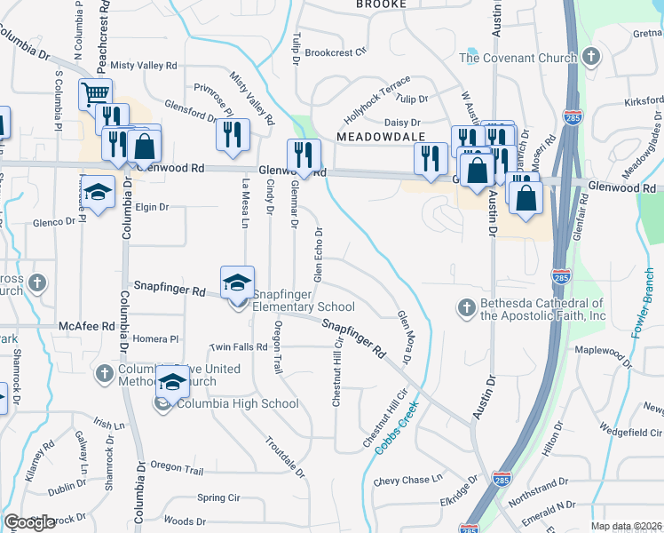 map of restaurants, bars, coffee shops, grocery stores, and more near 3620 Glen Falls Drive in Decatur