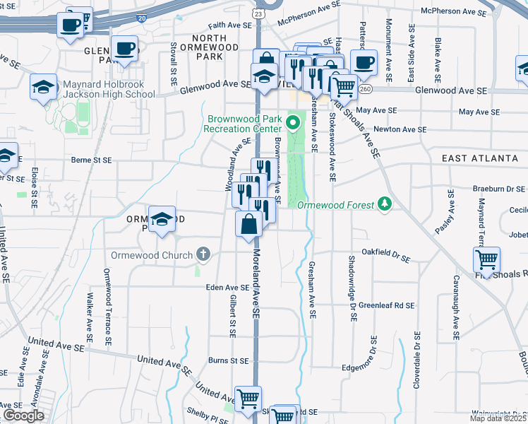 map of restaurants, bars, coffee shops, grocery stores, and more near 752 Moreland Avenue Southeast in Atlanta