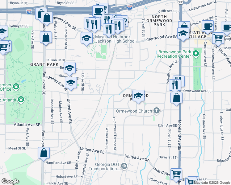 map of restaurants, bars, coffee shops, grocery stores, and more near 894 Ormewood Avenue Southeast in Atlanta