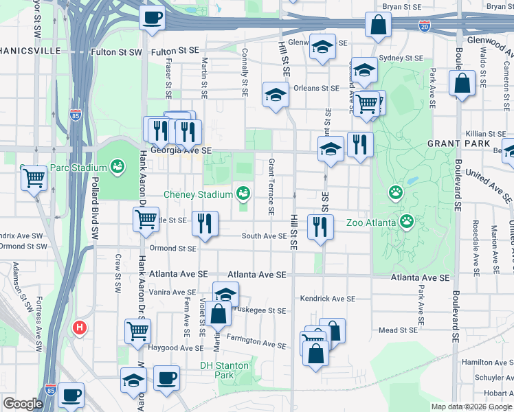 map of restaurants, bars, coffee shops, grocery stores, and more near 756 Connally Street Southeast in Atlanta