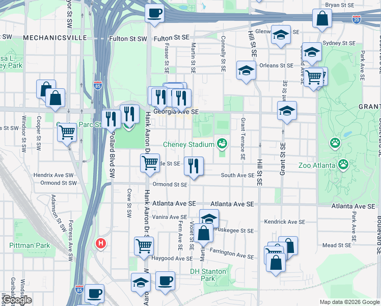 map of restaurants, bars, coffee shops, grocery stores, and more near 757 Martin Street Southeast in Atlanta