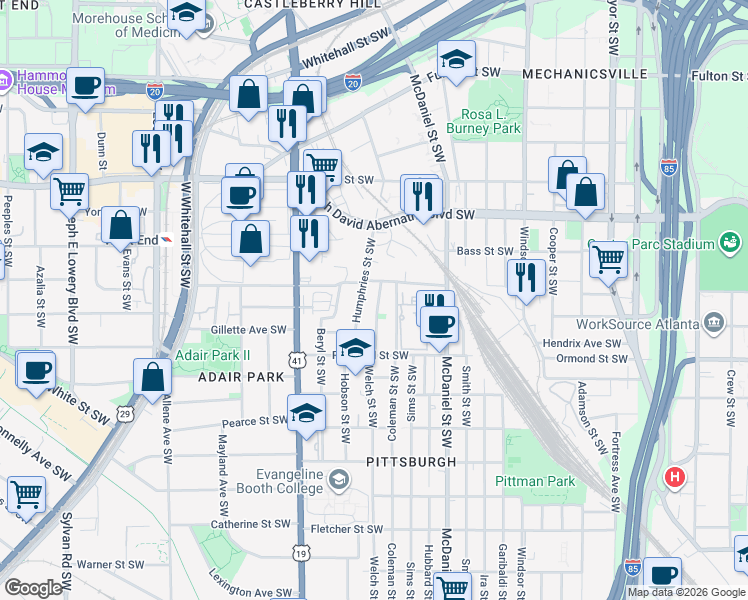 map of restaurants, bars, coffee shops, grocery stores, and more near 793 Welch Street Southwest in Atlanta