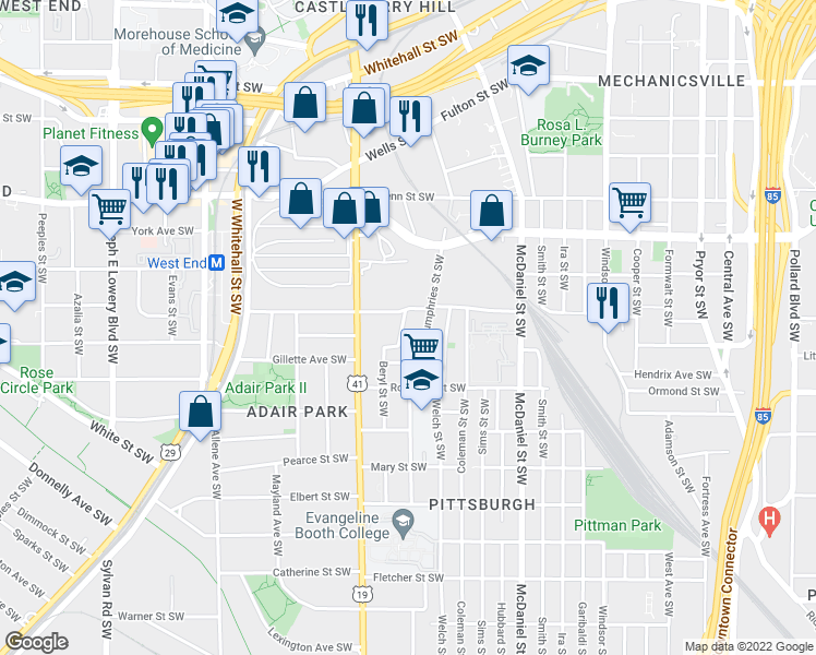 map of restaurants, bars, coffee shops, grocery stores, and more near 790 Bender Street Southwest in Atlanta