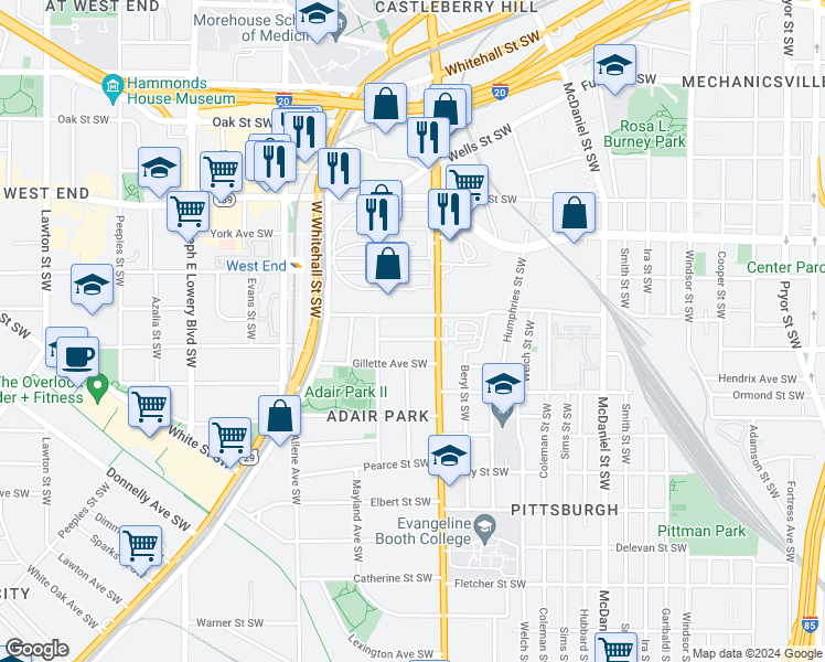 map of restaurants, bars, coffee shops, grocery stores, and more near 664 Hugh Street Southwest in Atlanta