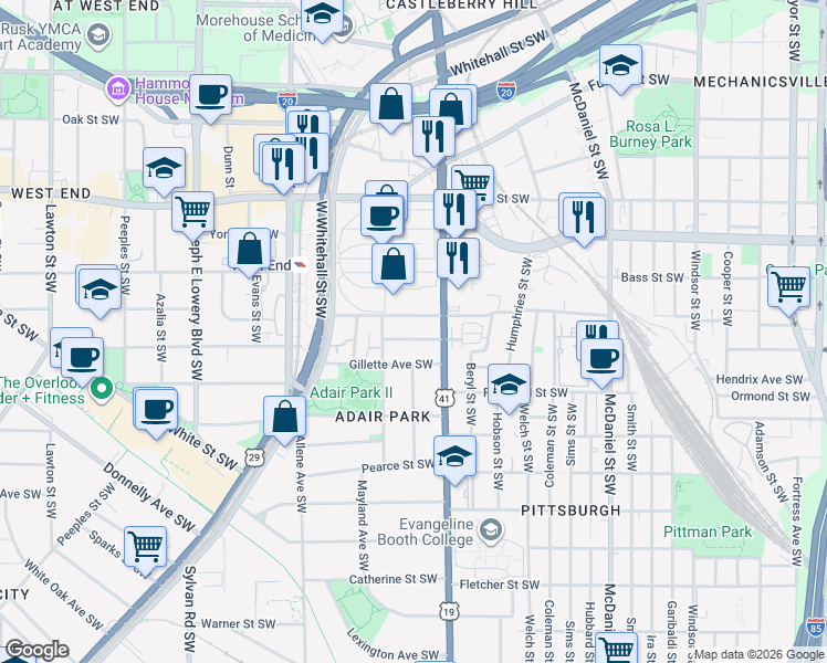map of restaurants, bars, coffee shops, grocery stores, and more near 664 Hugh Street Southwest in Atlanta