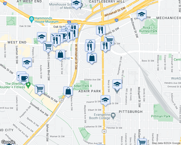 map of restaurants, bars, coffee shops, grocery stores, and more near 774 Tift Avenue Southwest in Atlanta