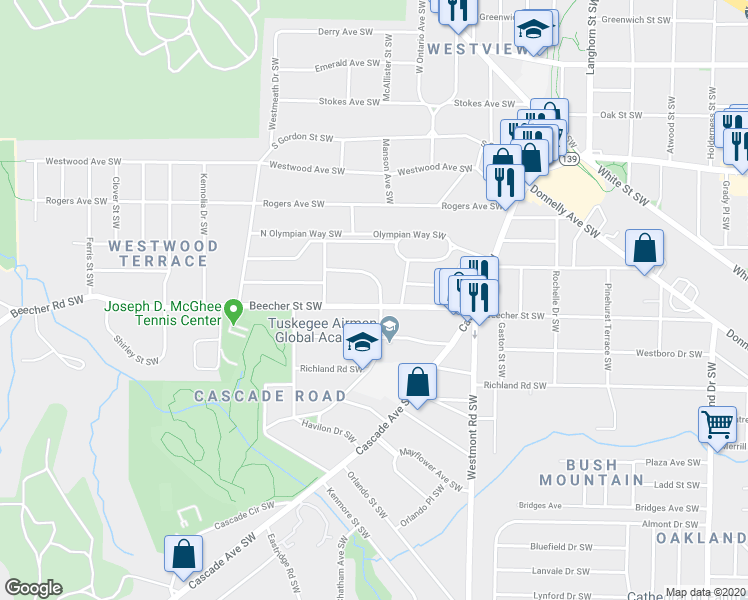 map of restaurants, bars, coffee shops, grocery stores, and more near 1630 Beecher Street Southwest in Atlanta