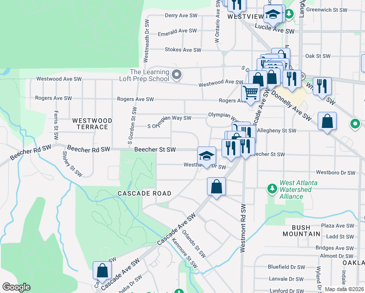 map of restaurants, bars, coffee shops, grocery stores, and more near 1681 Beecher Street Southwest in Atlanta