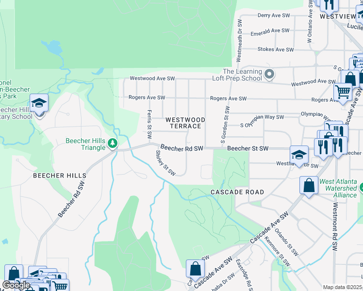 map of restaurants, bars, coffee shops, grocery stores, and more near 1938 Beecher Road Southwest in Atlanta