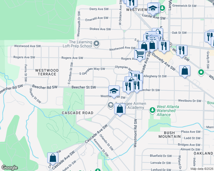 map of restaurants, bars, coffee shops, grocery stores, and more near 1630 Beecher Street Southwest in Atlanta