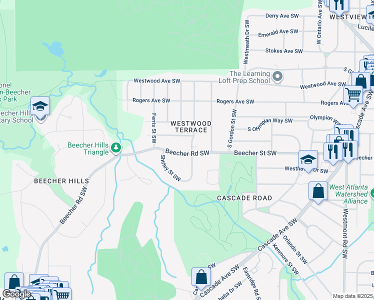map of restaurants, bars, coffee shops, grocery stores, and more near 1938 Beecher Road Southwest in Atlanta