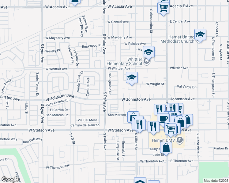 map of restaurants, bars, coffee shops, grocery stores, and more near 821 San Ramon Drive in Hemet