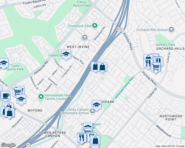 map of restaurants, bars, coffee shops, grocery stores, and more near 29 Roseville in Irvine