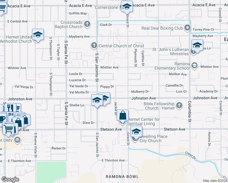 map of restaurants, bars, coffee shops, grocery stores, and more near 26699 Jackie Drive in Hemet