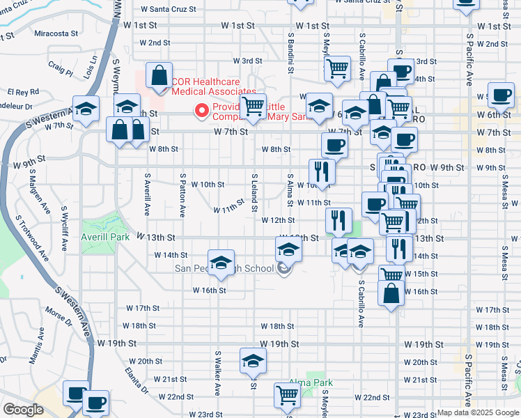 map of restaurants, bars, coffee shops, grocery stores, and more near 1068 West 12th Street in Los Angeles