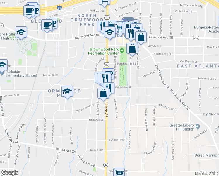 map of restaurants, bars, coffee shops, grocery stores, and more near 752 Moreland Avenue Southeast in Atlanta