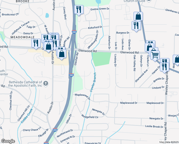 map of restaurants, bars, coffee shops, grocery stores, and more near 3972 Glenwood Downs Lane in Decatur