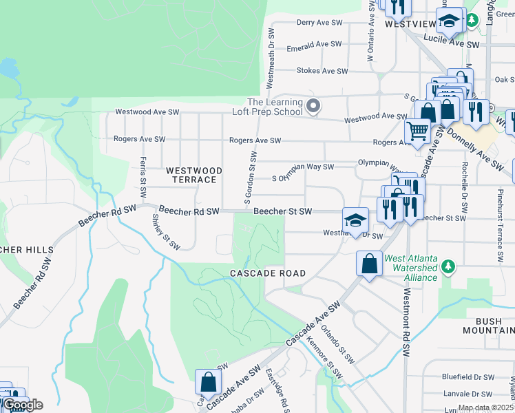 map of restaurants, bars, coffee shops, grocery stores, and more near 1932 South Gordon Street Southwest in Atlanta