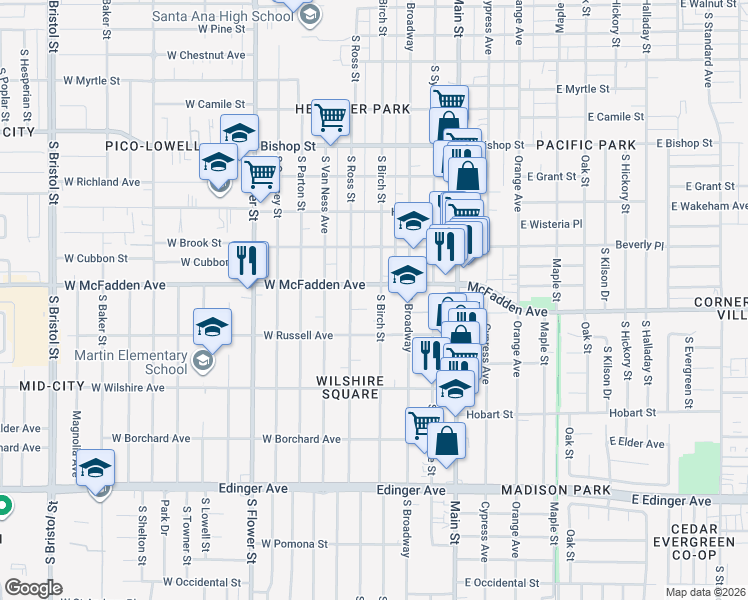 map of restaurants, bars, coffee shops, grocery stores, and more near 1114 South Birch Street in Santa Ana