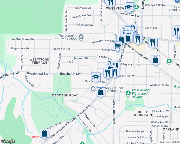 map of restaurants, bars, coffee shops, grocery stores, and more near 1630 Beecher Street Southwest in Atlanta