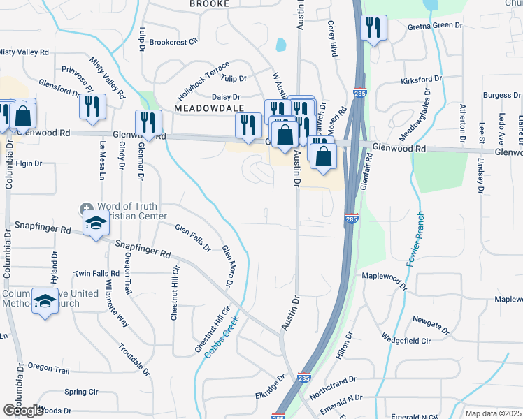 map of restaurants, bars, coffee shops, grocery stores, and more near 2025 Austin Park Circle in Decatur