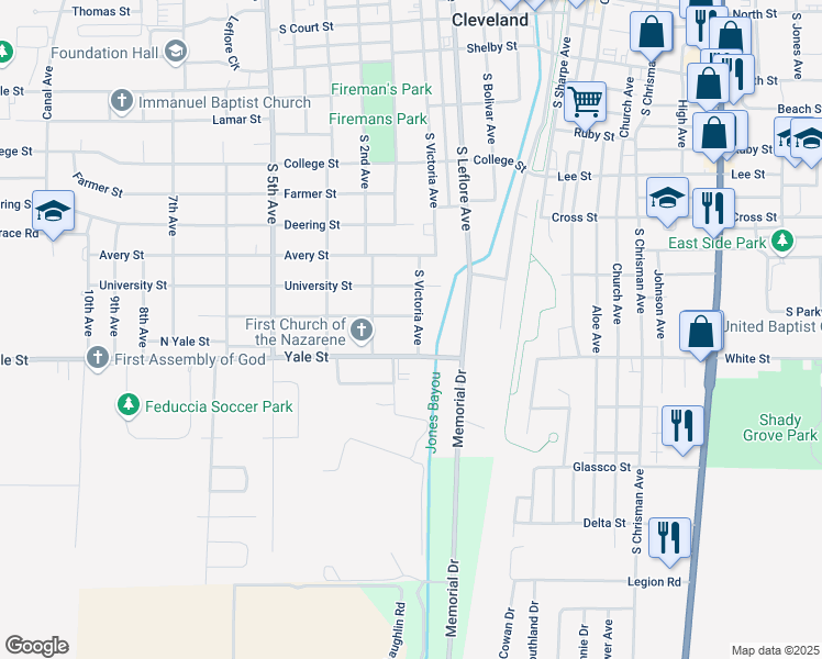 map of restaurants, bars, coffee shops, grocery stores, and more near 801-899 South Victoria Avenue in Cleveland