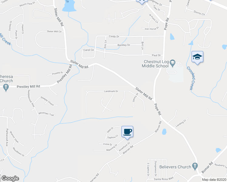 map of restaurants, bars, coffee shops, grocery stores, and more near 4151 Landmark Drive in Douglasville