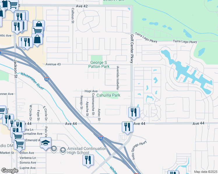 map of restaurants, bars, coffee shops, grocery stores, and more near 83844 Hopi Avenue in Indio
