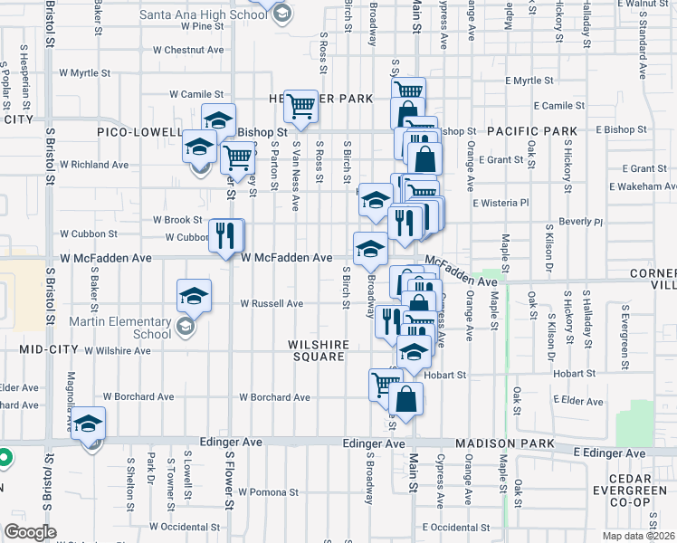 map of restaurants, bars, coffee shops, grocery stores, and more near 1114 South Birch Street in Santa Ana