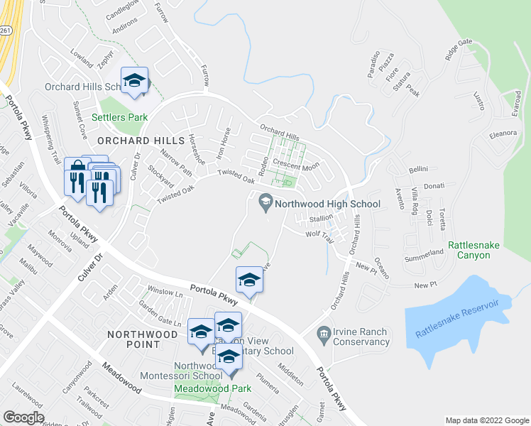 map of restaurants, bars, coffee shops, grocery stores, and more near 4515 Portola Parkway in Irvine