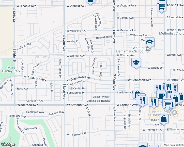 map of restaurants, bars, coffee shops, grocery stores, and more near 620 Santa Clara Circle in Hemet