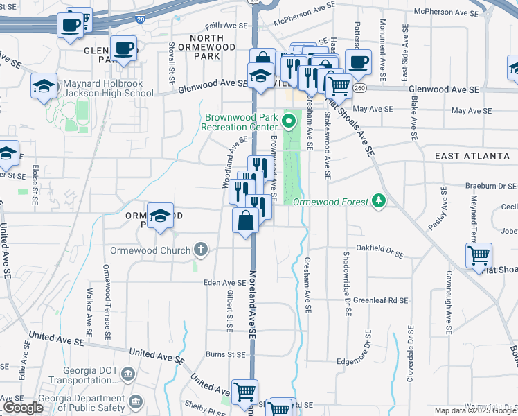 map of restaurants, bars, coffee shops, grocery stores, and more near 749 Moreland Avenue Southeast in Atlanta