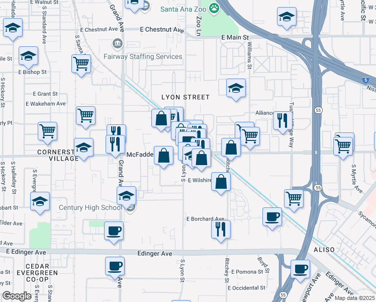 map of restaurants, bars, coffee shops, grocery stores, and more near 1700 East McFadden Avenue in Santa Ana