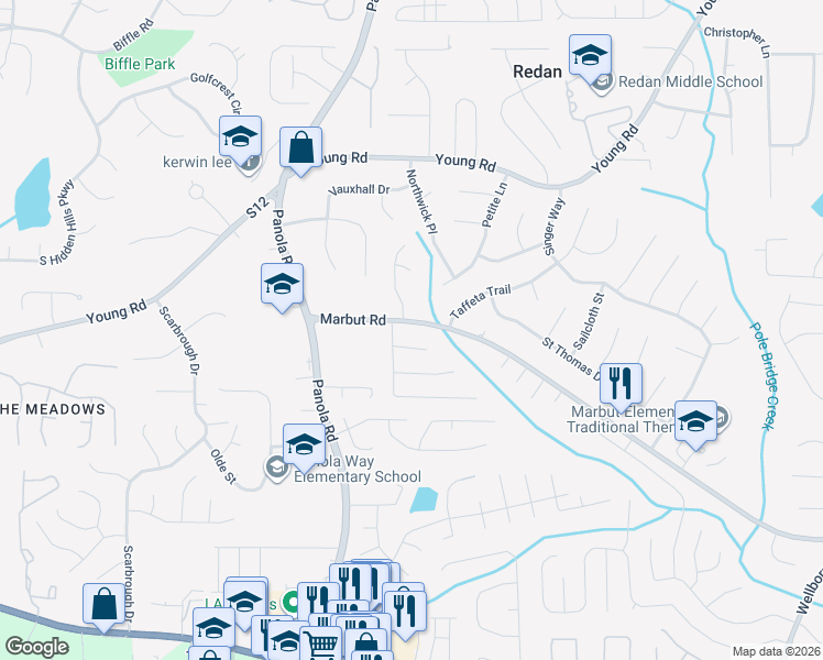 map of restaurants, bars, coffee shops, grocery stores, and more near 5517 Marbut Road in Lithonia