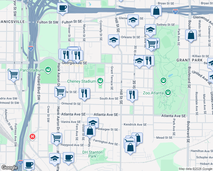 map of restaurants, bars, coffee shops, grocery stores, and more near 756 Connally Street Southeast in Atlanta