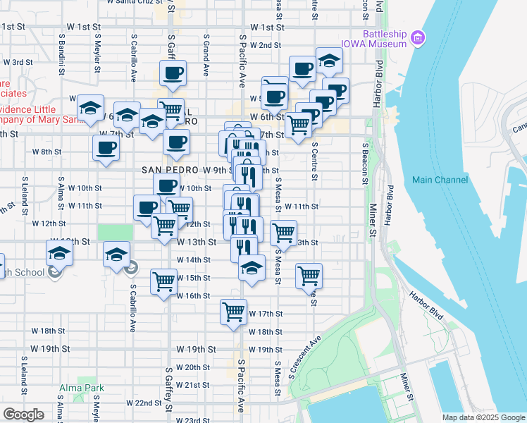 map of restaurants, bars, coffee shops, grocery stores, and more near 454 West 12th Street in Los Angeles