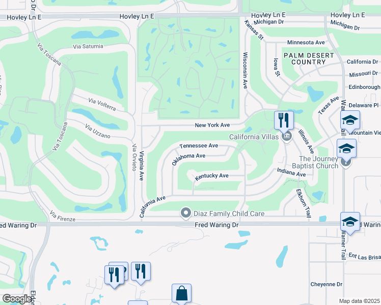 map of restaurants, bars, coffee shops, grocery stores, and more near 76840 Oklahoma Avenue in Palm Desert